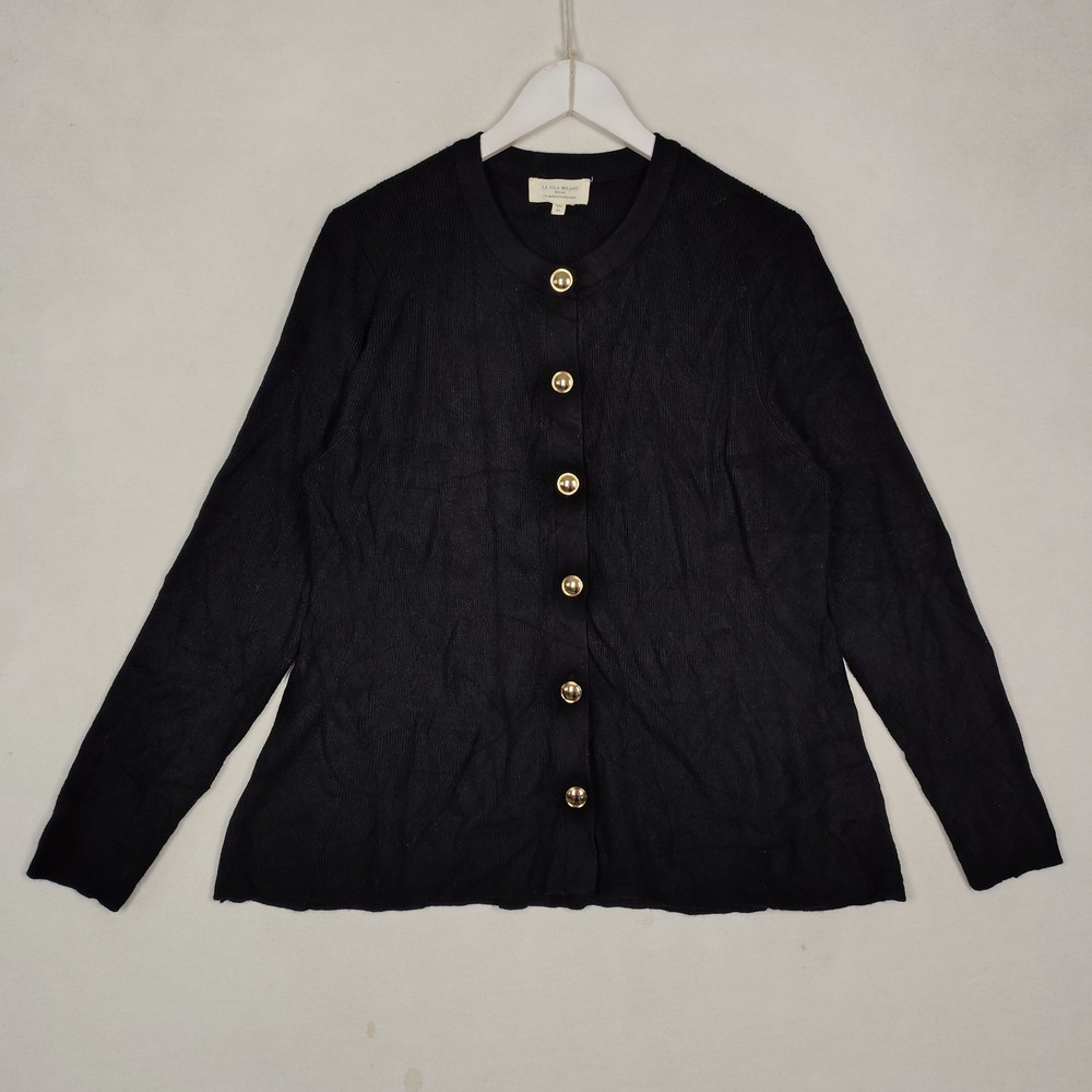 La Vila Milano Black Ribbed Button Down Cardigan Gold Buttons XL